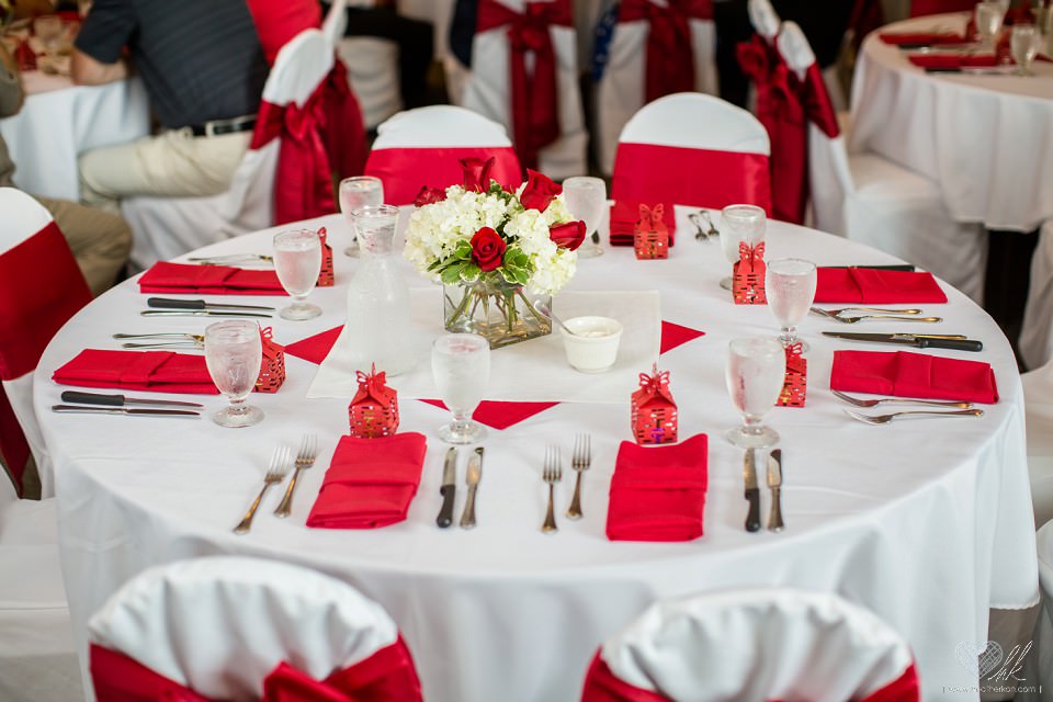 Red wedding decor at Eagle Eye Golf Club Reception Bath MI