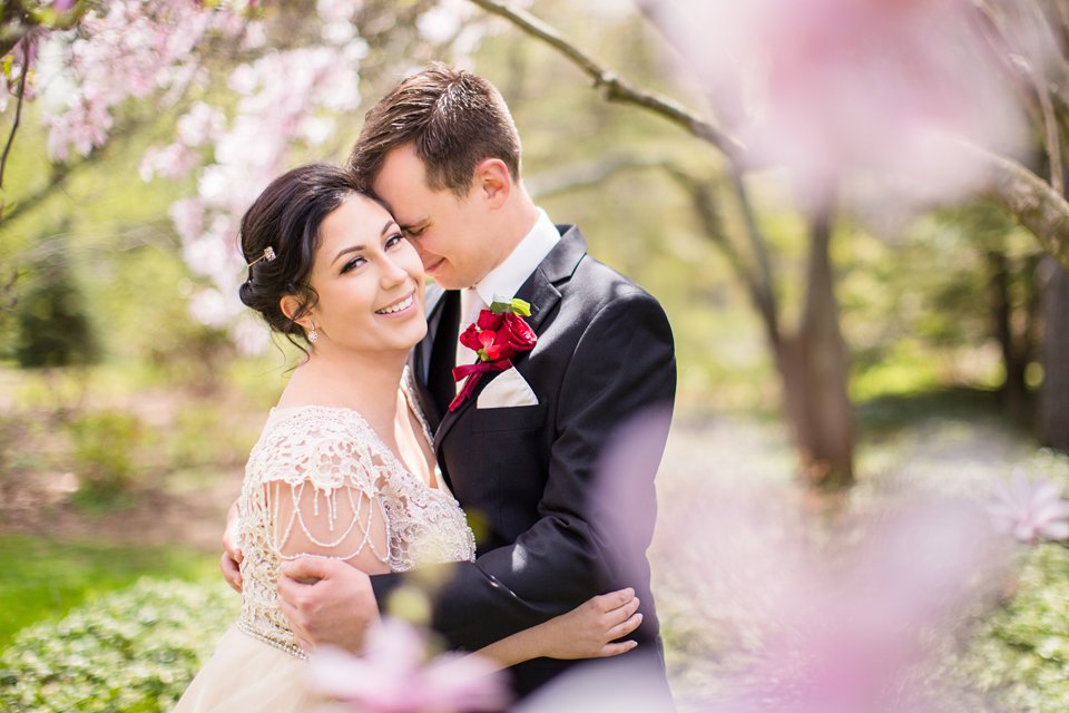 East Lansing MSU wedding photographs with flowering trees at the Lewis Landscape Arboretum
