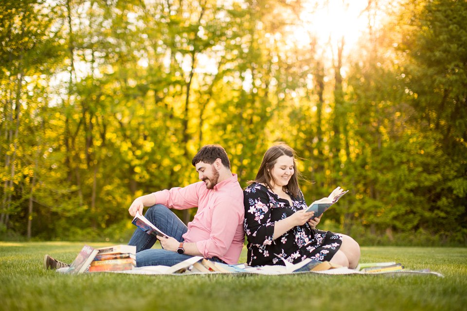 Engagement photographs with books at Lincoln Brick Park, Grand Ledge, Michigan