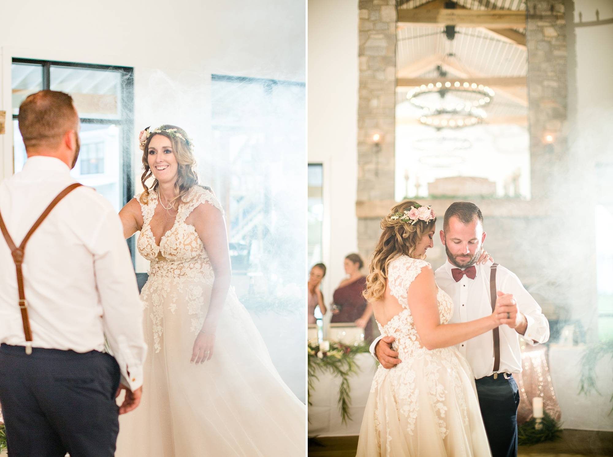 Bay Pointe Woods in Shelbyville, Michigan wedding reception first dance with fog