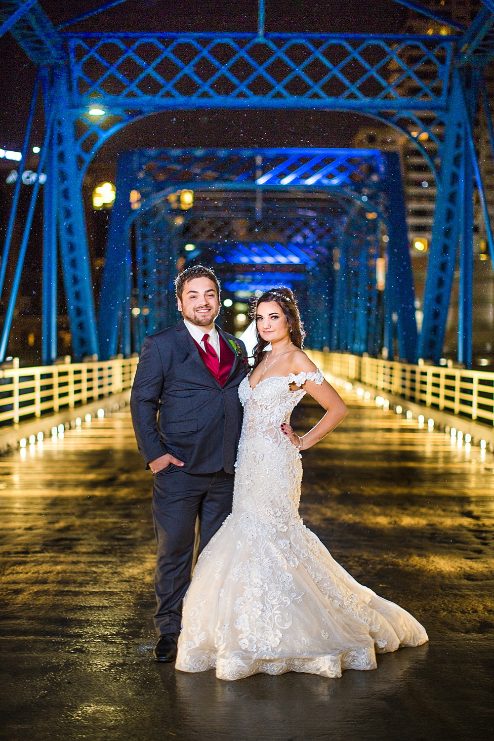 Grand Rapids blue bridge nighttime rainy wedding photographs