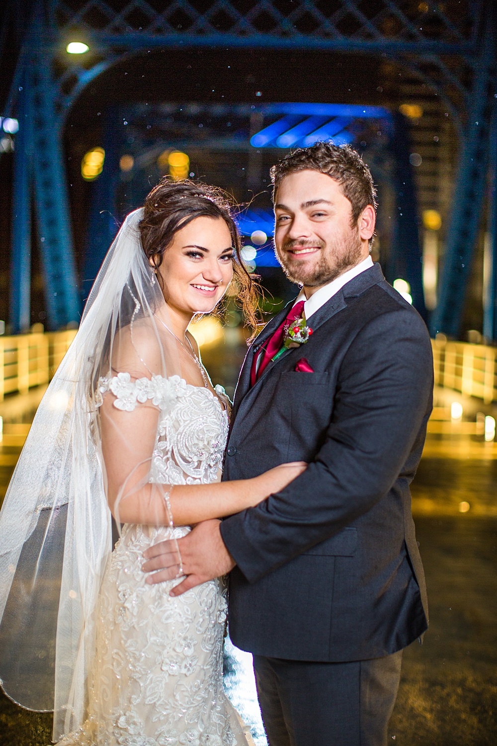 Grand Rapids blue bridge nighttime rainy wedding photographs