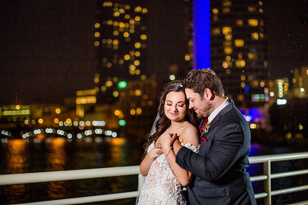 Grand Rapids blue bridge nighttime rainy wedding photographs