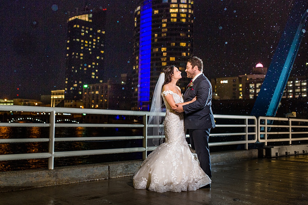 Grand Rapids blue bridge nighttime rainy wedding photographs