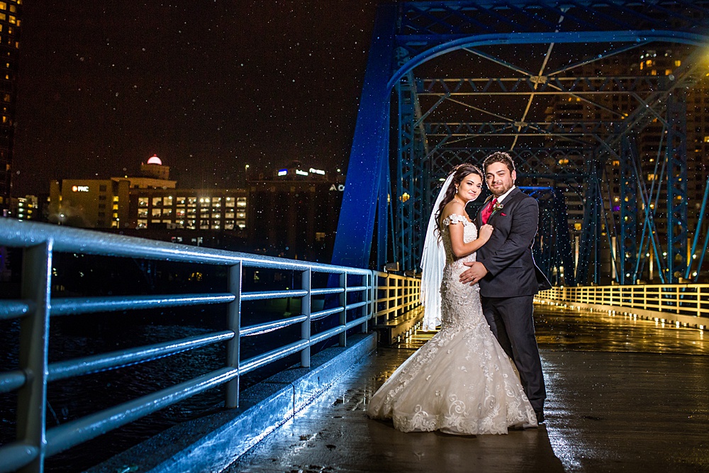 Grand Rapids blue bridge nighttime rainy wedding photographs