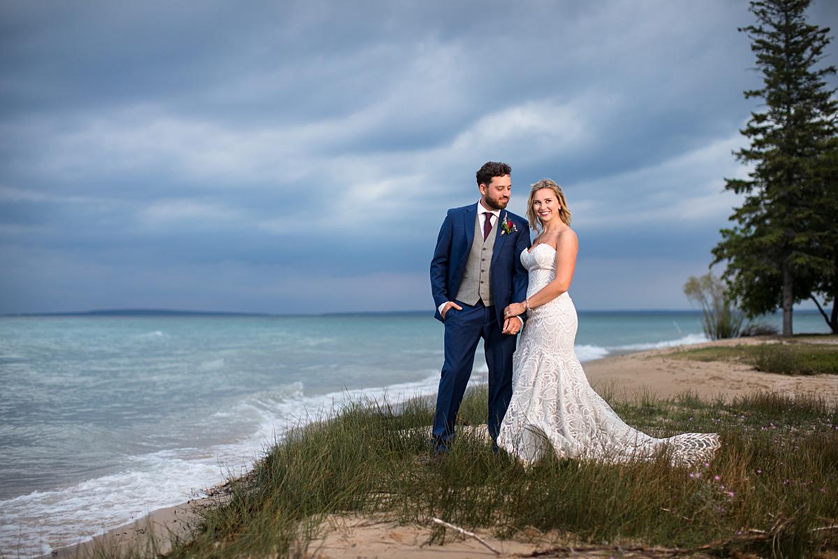 Northern Michigan destination wedding photograph on the beach, Mackinaw City