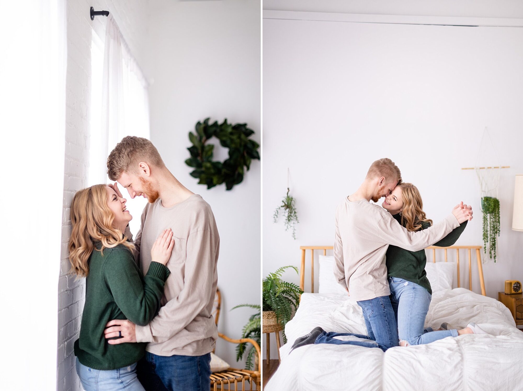 Cozy indoor engagement session cuddling on a bed
