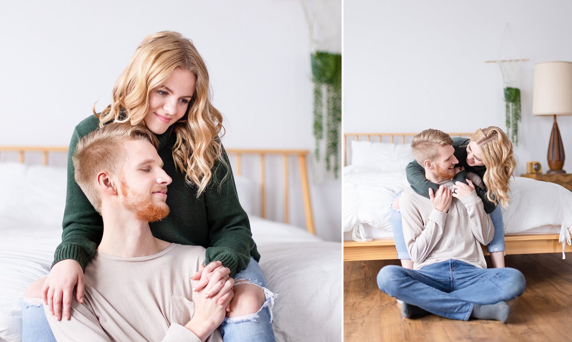 Cozy indoor engagement session sitting on floor in front of a bed
