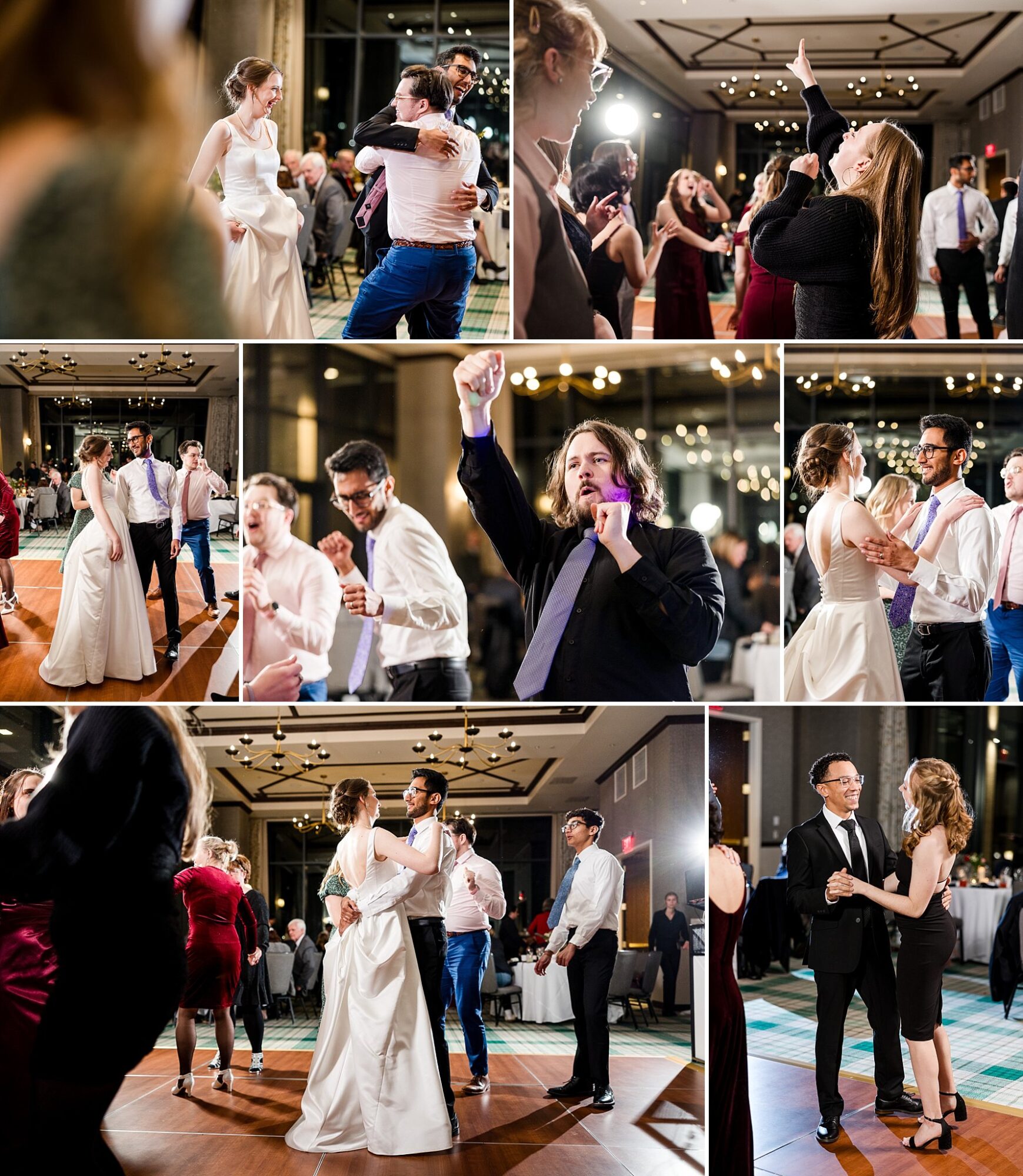 People dancing at a wedding in the ballroom of the Graduate Hotel, East Lansing, Michigan
