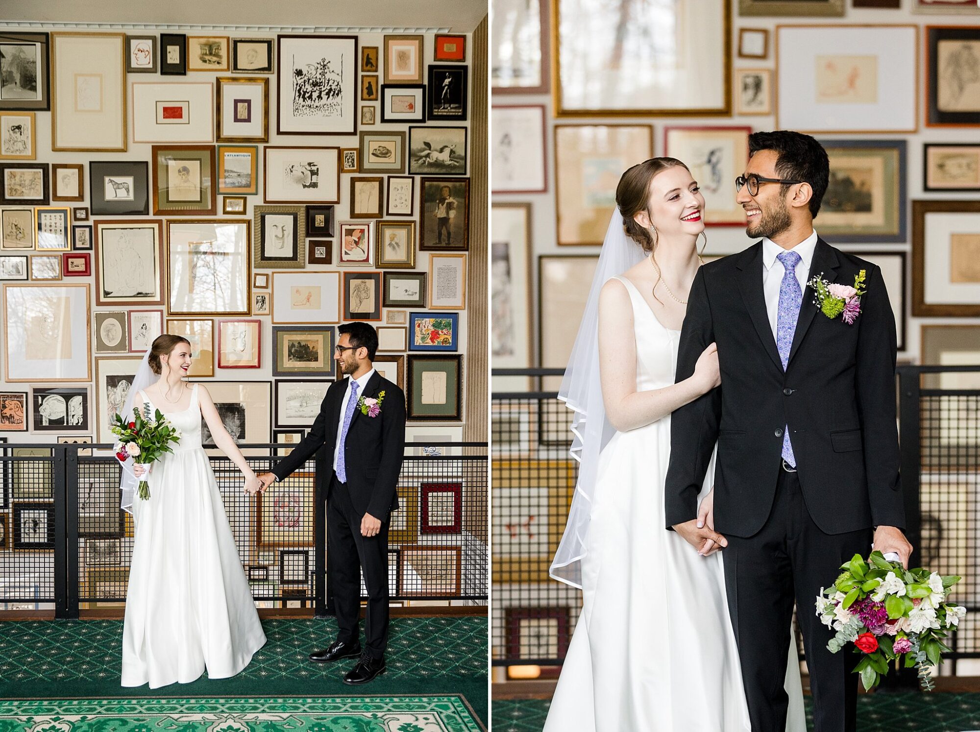 Wedding photographs of a bride and groom standing in front of the picture frame wall at the Graduate Hotel in East Lansing, Michigan