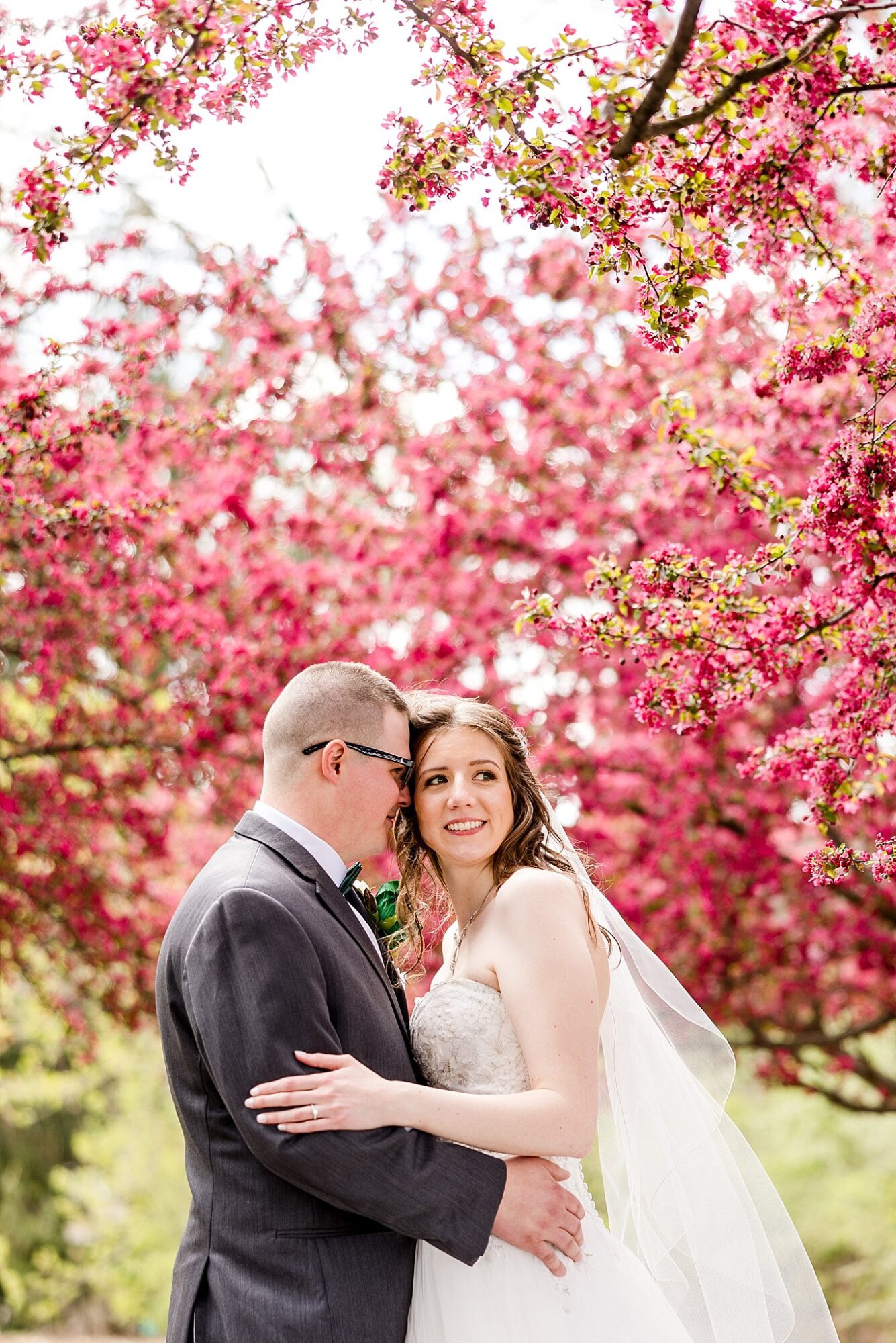 Wedding photographs under flowering trees at Hawk Hollow in Bath Michigan